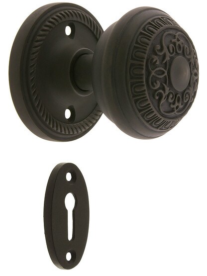 Rope Rosette Mortise Lock Set With Egg And Dart Door Knobs in Oil-Rubbed Bronze finish.